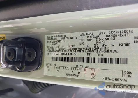 2024 Ford F-150 Lariat z USA, uszkodzony, nr VIN 1FTFW5LD4RFA86556